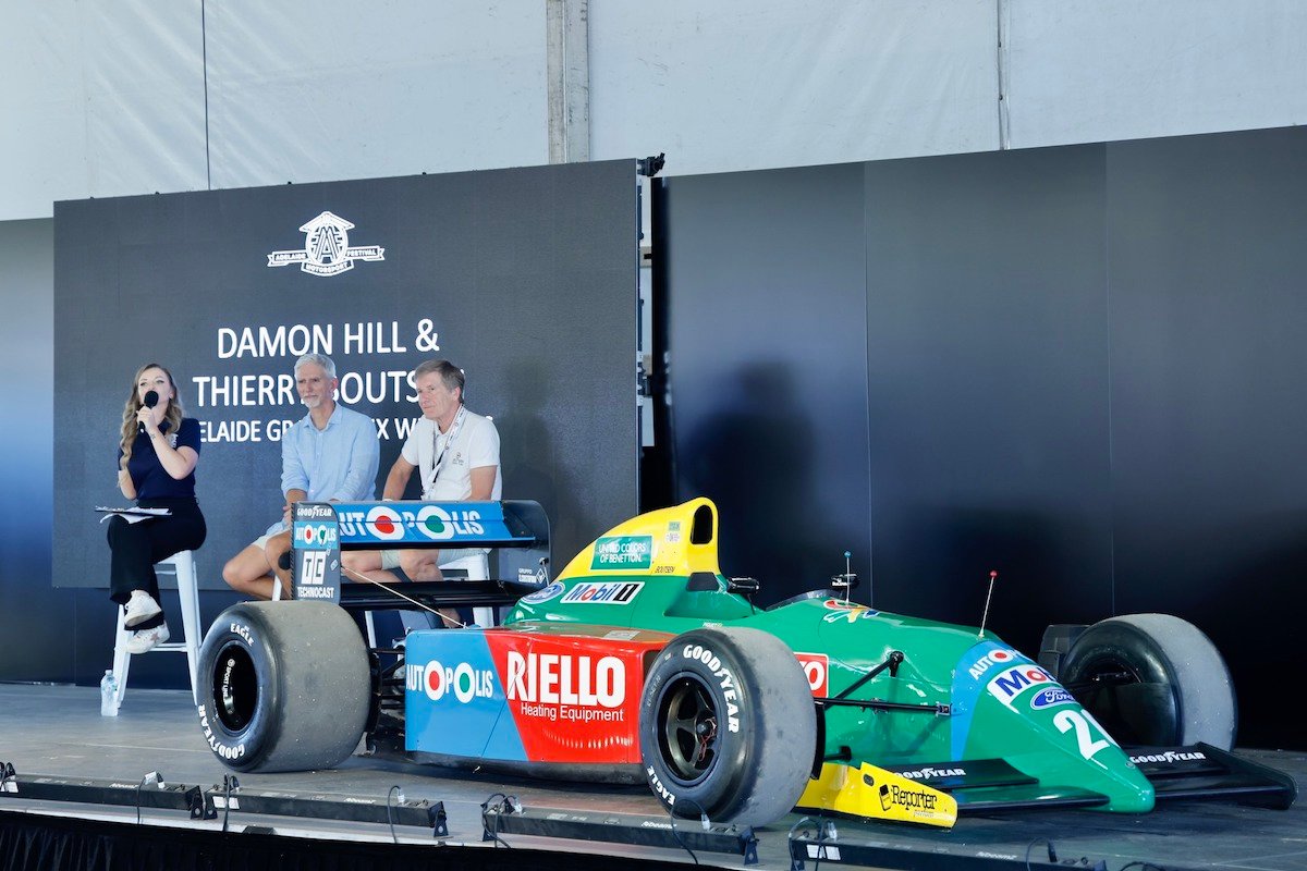 Damon Hill and Thierry Boutsen on stage at the Adelaide Motorsport Festival